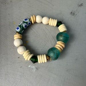 ‼️🏷️SALE🏷️‼️artisan made boho green blue cream & gold evil eye bracelet